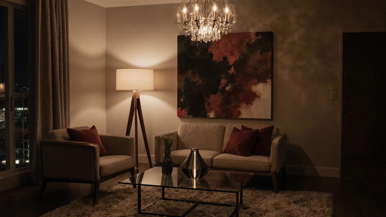 Classy living room at night with layered lighting, glass coffee table, armchairs and stylish accessories.