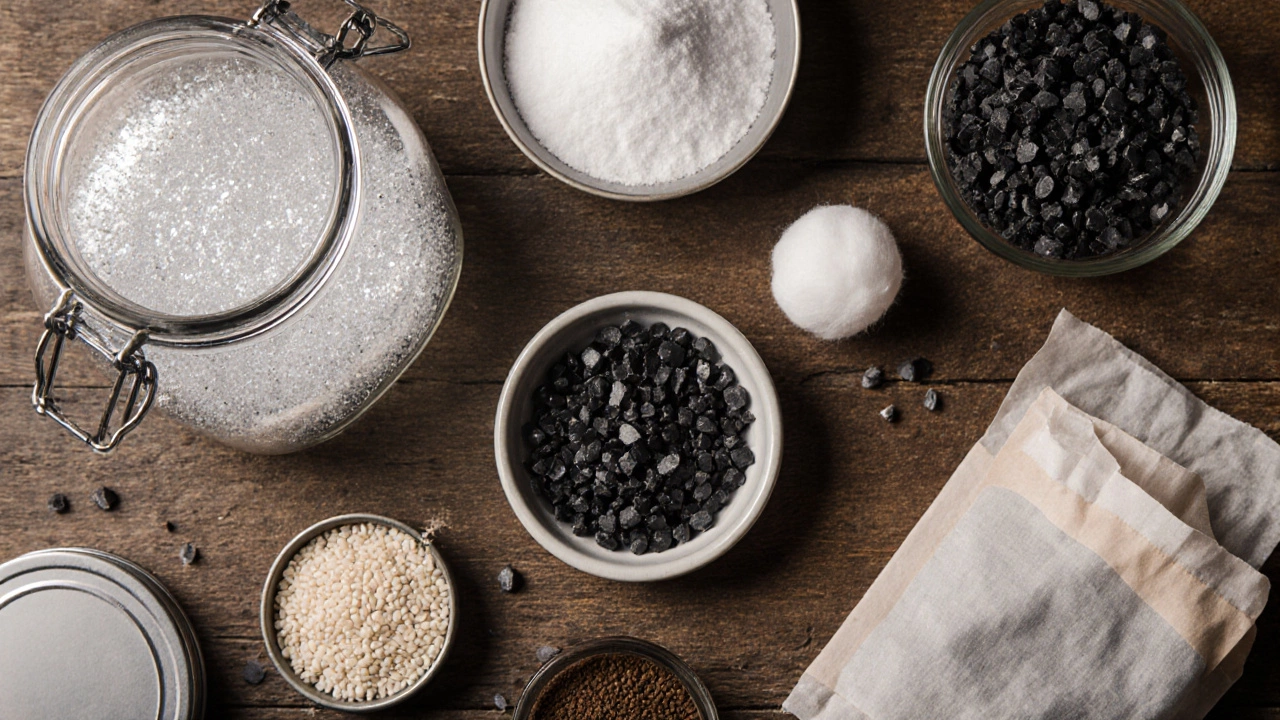 Close-up of assorted desiccant materials arranged on a wooden surface.