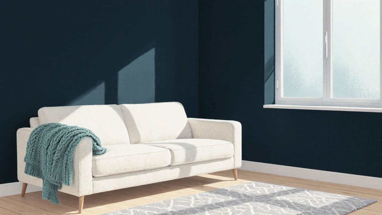 Compact room with deep navy walls and a bright cream sofa creating an airy feel.