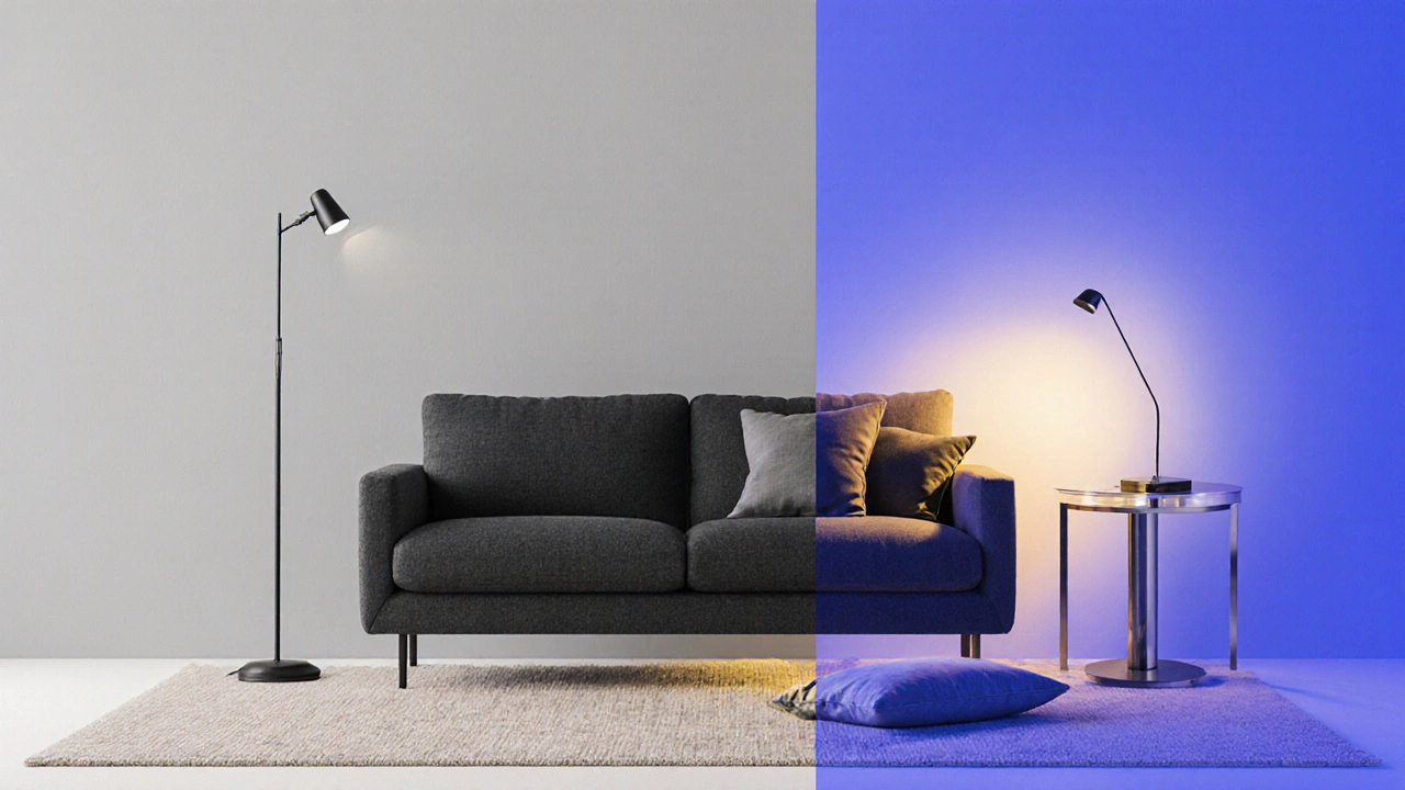 Design collage showing 60-40 color balance, dark sofa, and layered lighting.