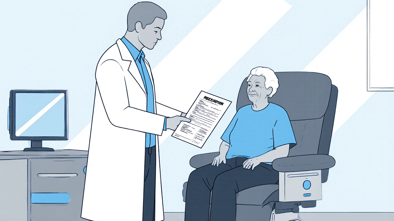 Doctor gives a prescription for a power recliner to a senior patient in a clinic.