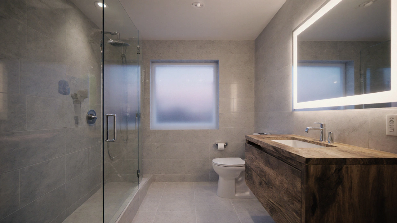 Finished bathroom showcasing porcelain tiles, glass shower, water‑saving fixtures, and reclaimed wood vanity.
