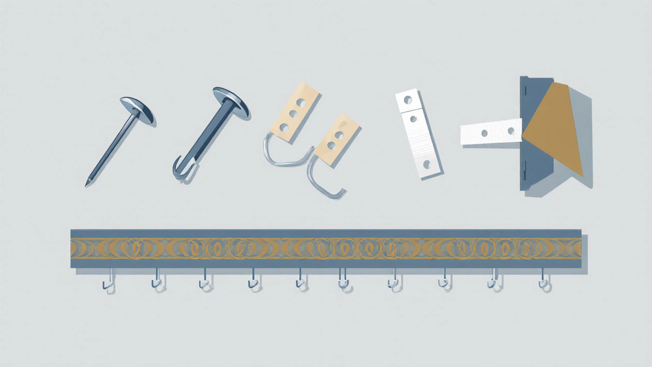 Flat illustration of various picture‑hanging hardware pieces.