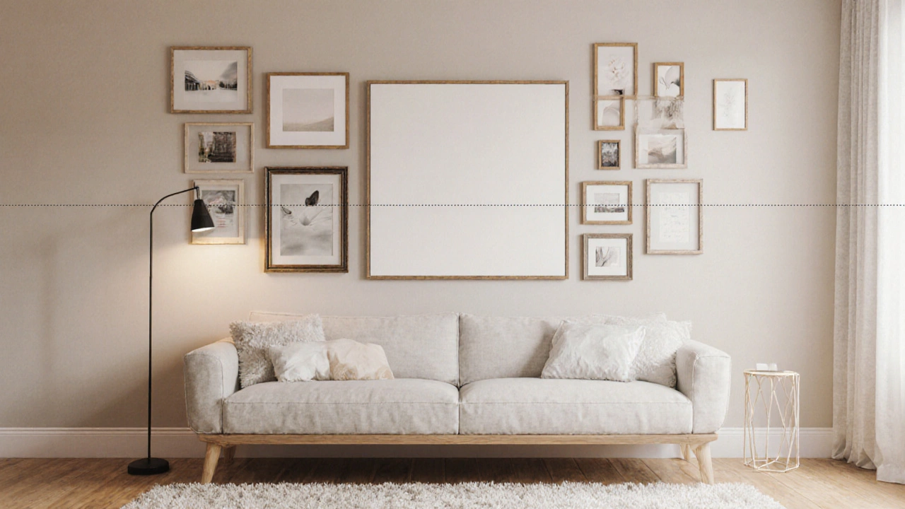 Gallery wall with varied frames spaced uniformly at eye level.