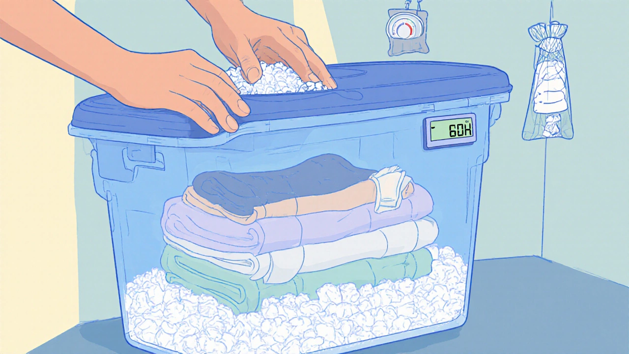 Hands packing a storage bin with desiccant, wrapped clothes, and a hygrometer.