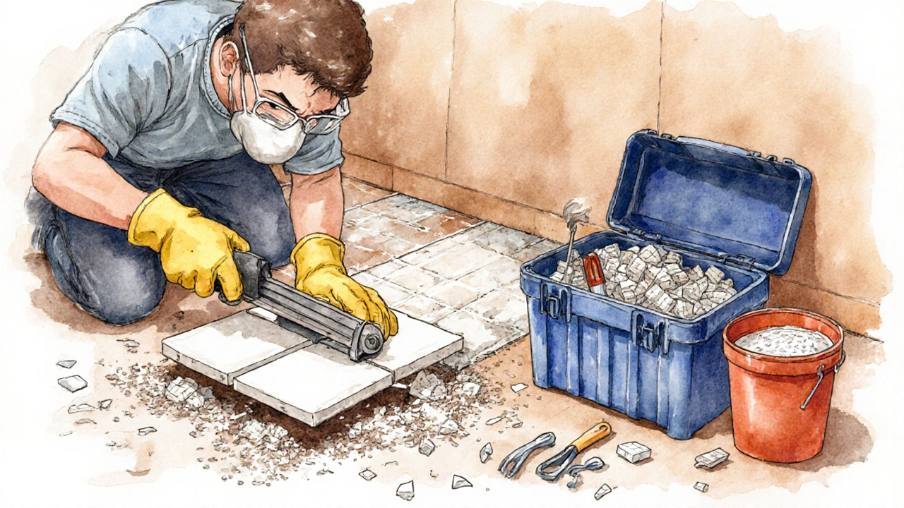 Homeowner in safety gear dismantling old bathroom tiles and loading debris into a dumpster.