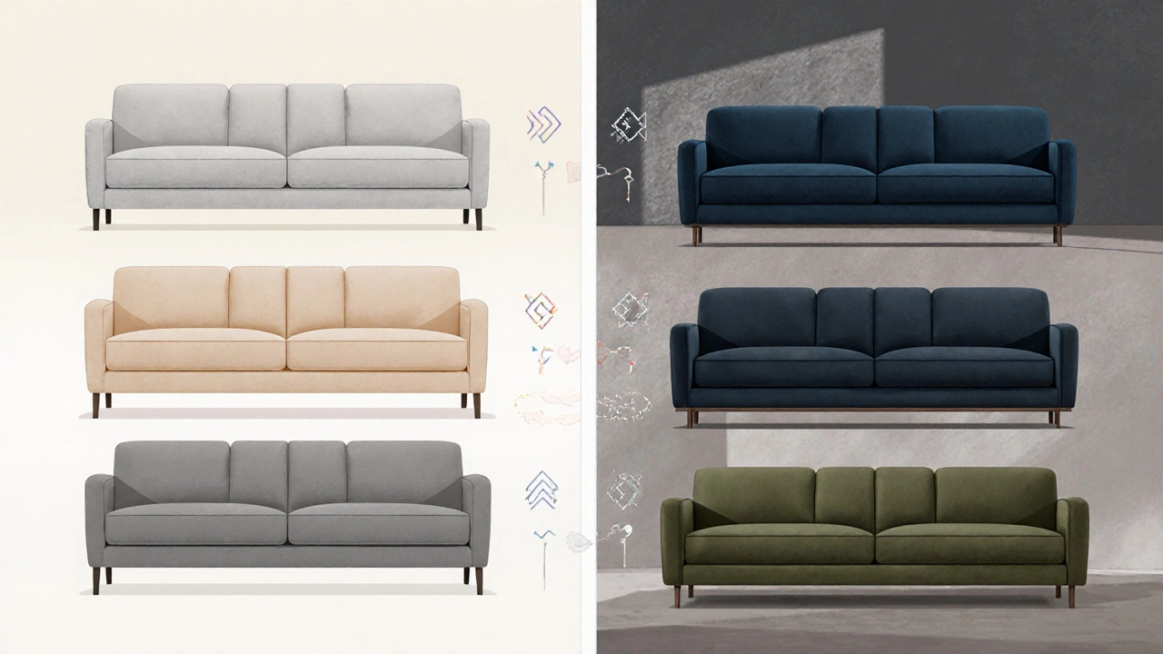 Illustration comparing six timeless sofa colors in light and dark interior lighting.