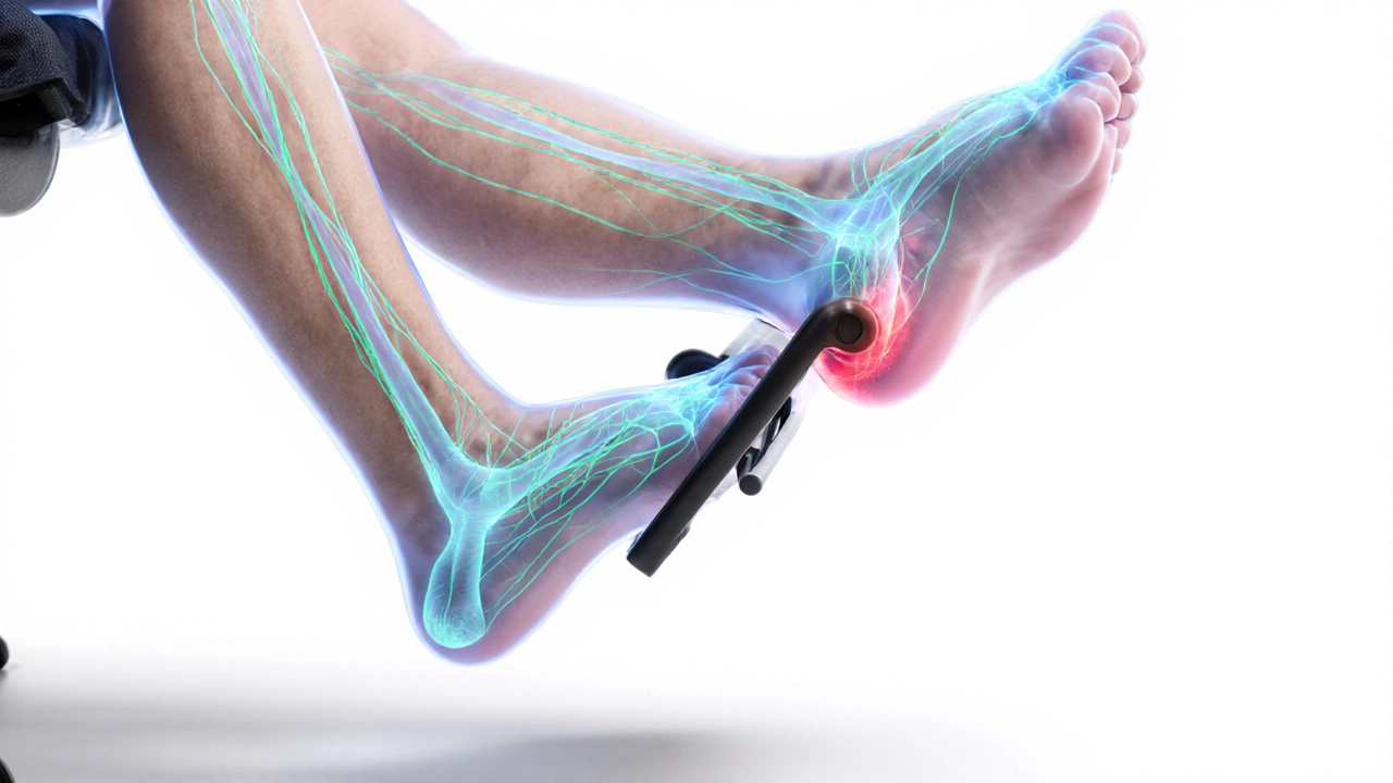 Illustration showing proper leg posture and blood flow with feet on footrest.