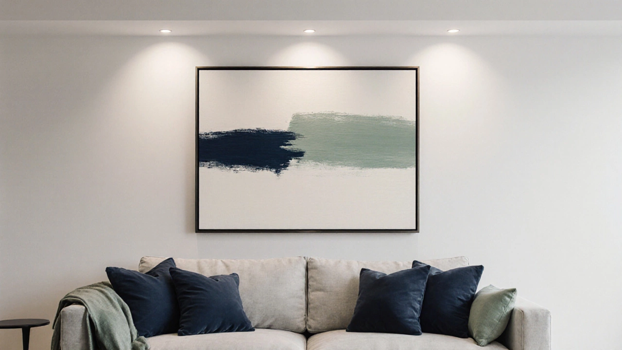Large abstract minimalist wall art with thin metal frame hanging above a sofa, highlighted by spotlights.
