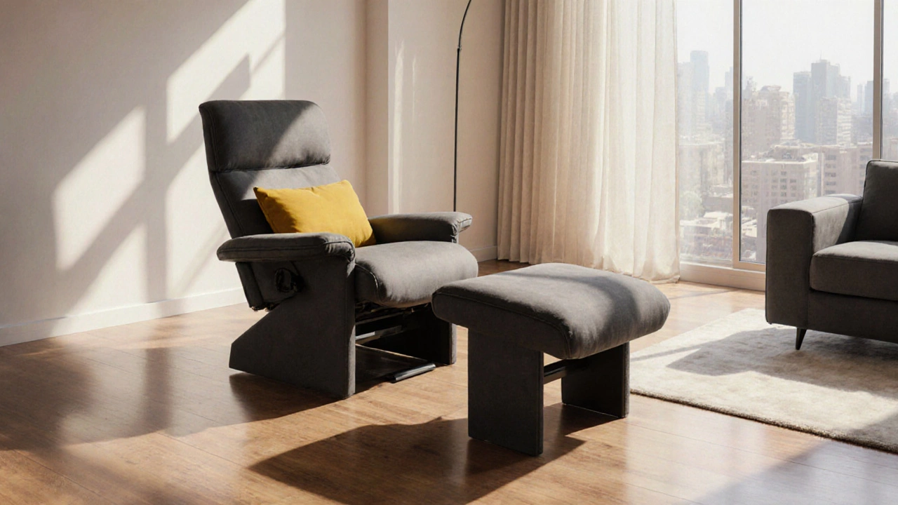 Modern living room featuring a recliner and matching ottoman with tucked footrest.