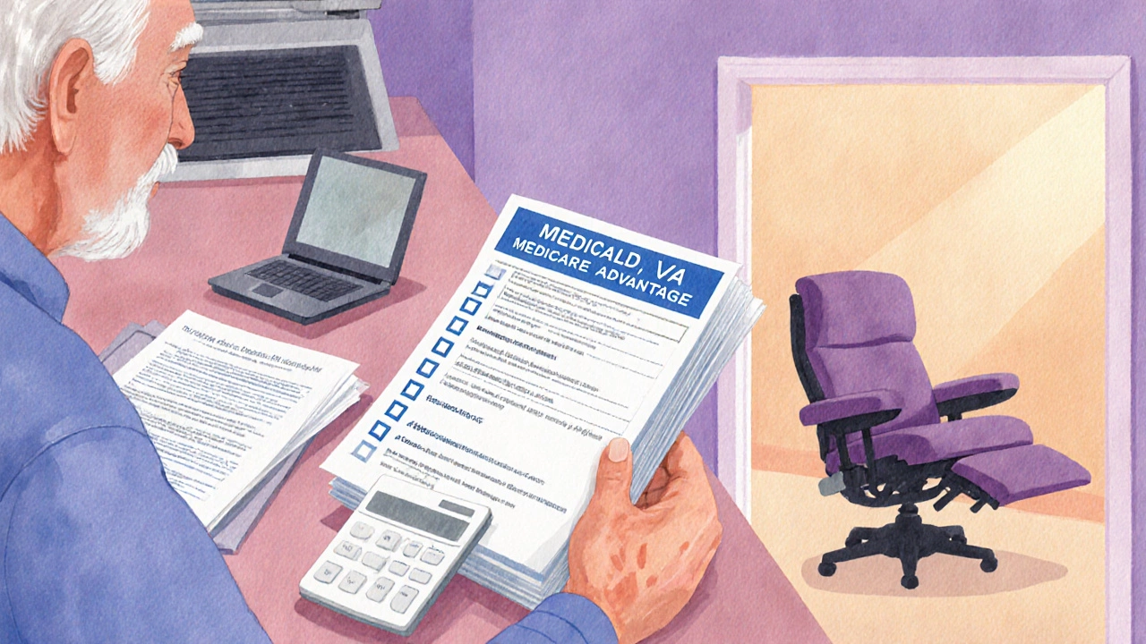 Senior reviewing a checklist and cost forms near a power recliner, pastel watercolor.
