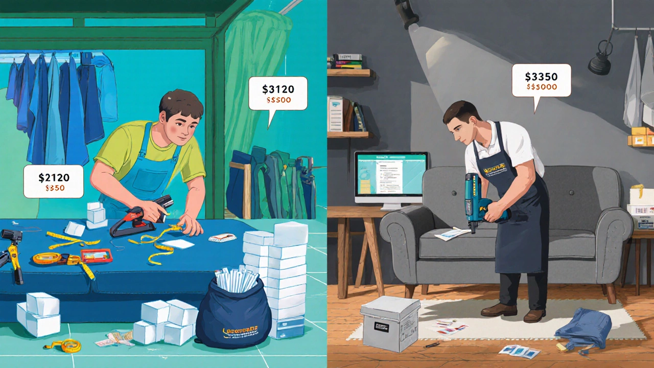 Split illustration of DIY sofa re‑cushioning at home versus professional workshop with tools and cost hints.