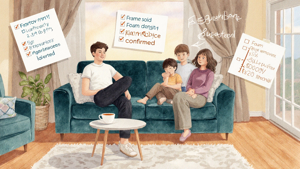 Watercolor of family on a re‑cushioned sofa with a visible checklist and subtle icons for hidden costs.